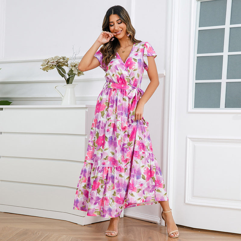 V-Neck Ruffle Short Sleeve Tie-Up Floral Print Smocked Dress Wholesale Maxi Dresses