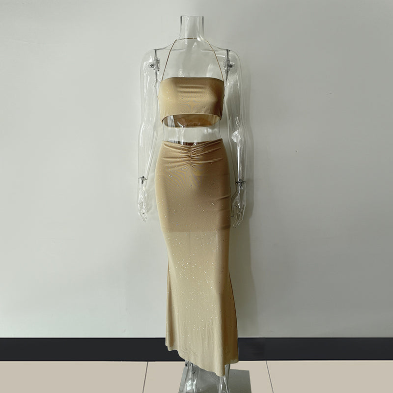 Solid Color Sequin Wrap Chest Tops & Slim Fit Long Skirt Wholesale Women'S 2 Piece Sets