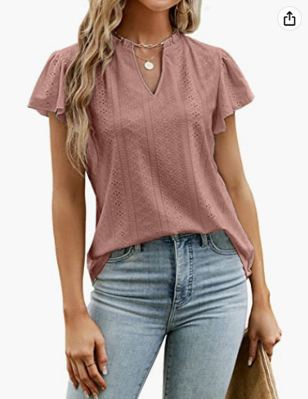 Casual Solid Color V-Neck Short Sleeve Jacquard T-Shirt Wholesale Womens Tops