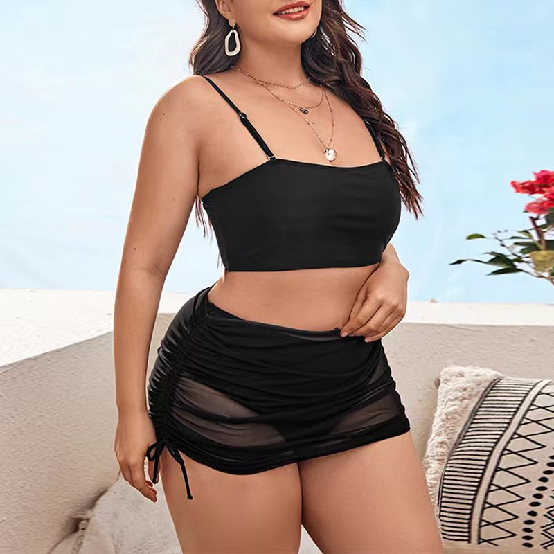 Wholesale Women'S Plus Size Clothing Mesh Three-Piece Solid Color Drawstring Bikini