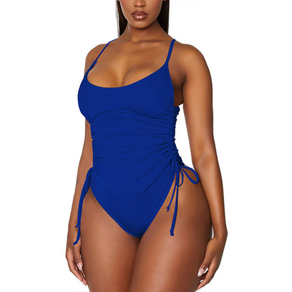 Sexy Pleated Straps Solid Color One Piece Swimsuit Wholesale Womens Swimwear