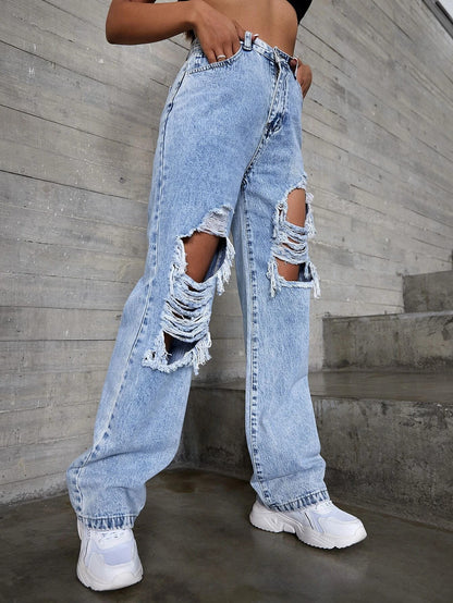 Fashionable Ripped Denim Straight Pants Wholesale Womens Clothing