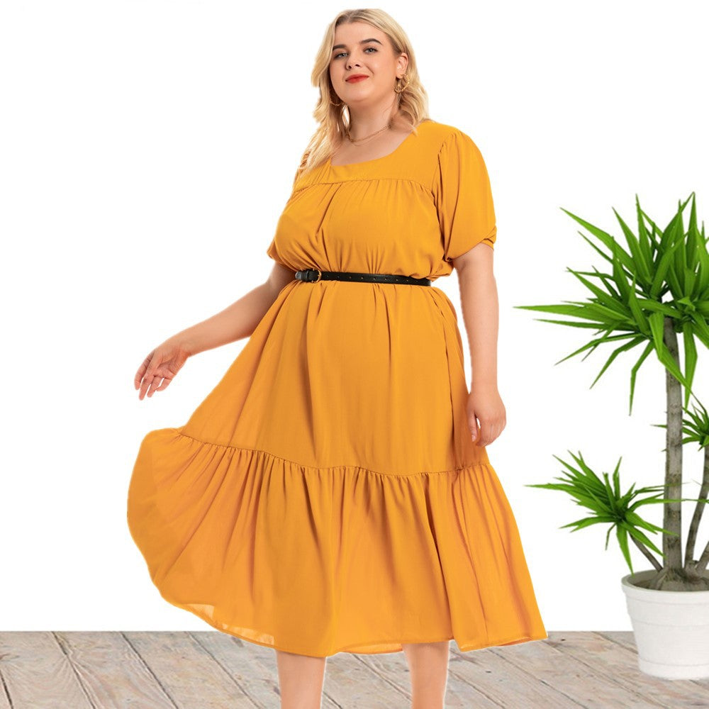 Casual Crew Neck Midi Swing Dress Loose Short Sleeve Dresses Wholesale Plus Size Clothing (Without Belt)