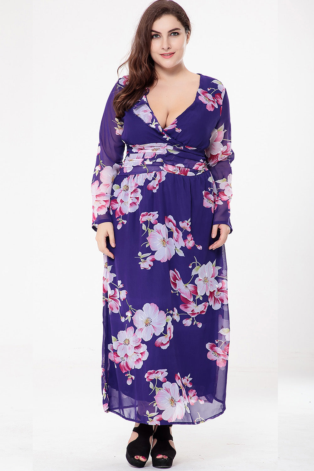 Chiffon Floral Sexy Deep V Midi Dress Long Sleeve High Waist Wholesale Plus Size Clothing