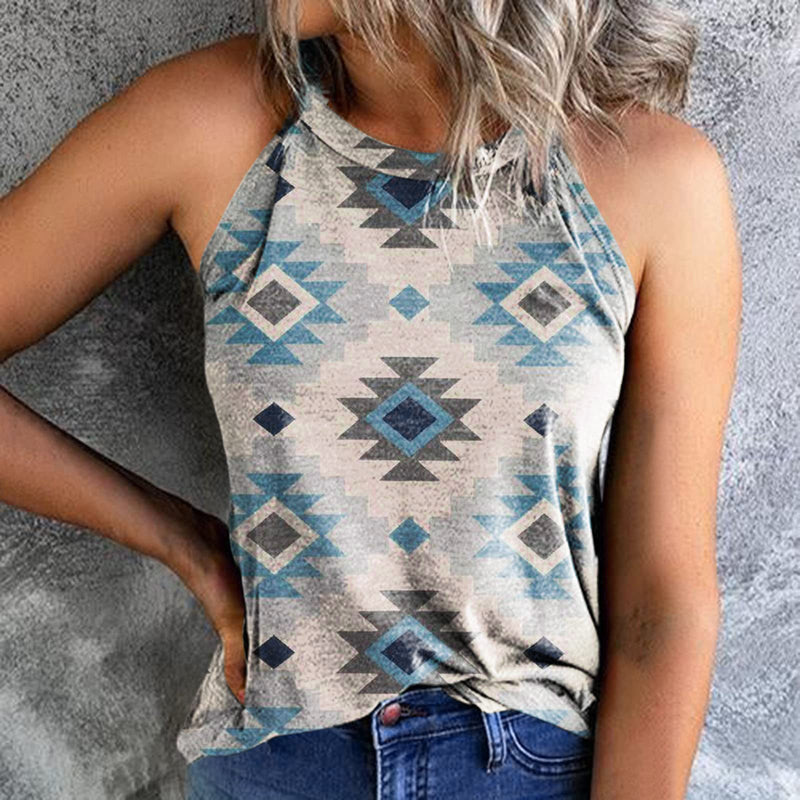 Casual Retro Print All-Match Halter Neck Sleeveless Tank Tops Wholesale Women'S Tops