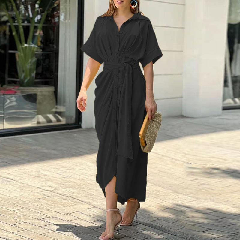 Elegant Shirtdress Short Sleeve Pleated Shirt Dress Wholesale Maxi Dresses