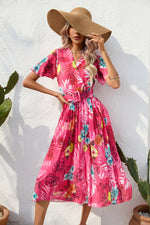 Summer Flower Print Short Sleeve Fashion Pleated Dress Wholesale Dresses