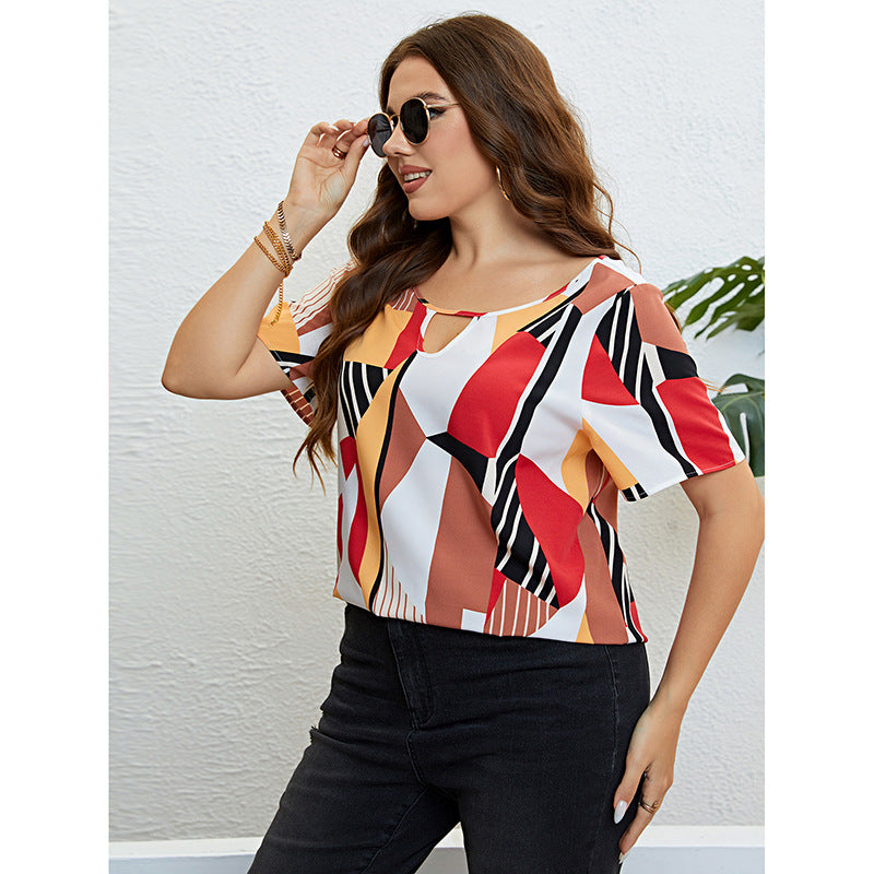 Wholesale Women'S Plus Size Clothing Round Neck Splicing Color Loose Breathable Top