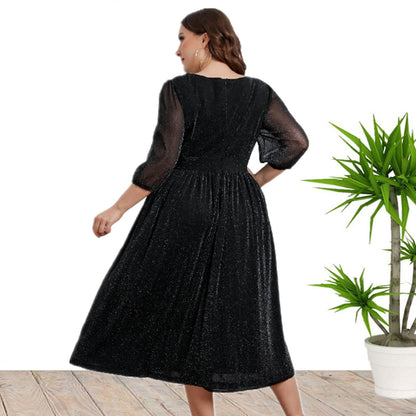 Wholesale Women'S Plus Size Clothing V-Neck See-Through Three-Quarter Sleeves A-Line Temperament Dress