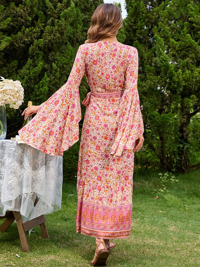 V-Neck Flared Sleeve Boho Maxi Dress Wholesale Bohemian Dress For Women