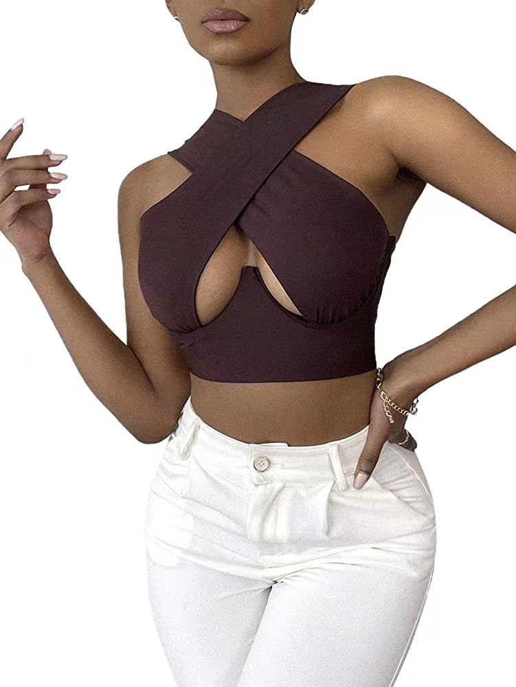 Off-Shoulder Slim Cross Hollow Solid Color Crop Tops Wholesale Women'S Tops