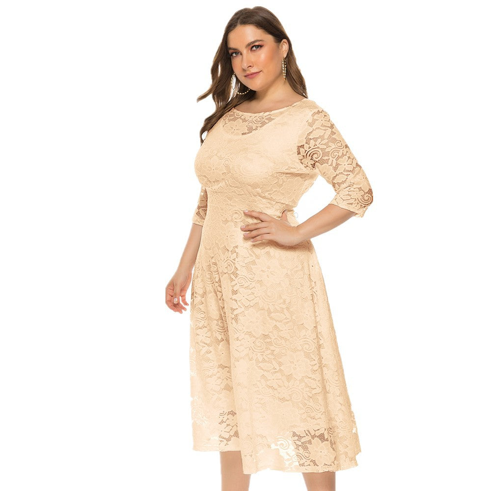 Sexy Hollow Lace Mid-Sleeve Midi Dress With Pockets A-Line Solid Color Dresses Wholesale Plus Size Clothing