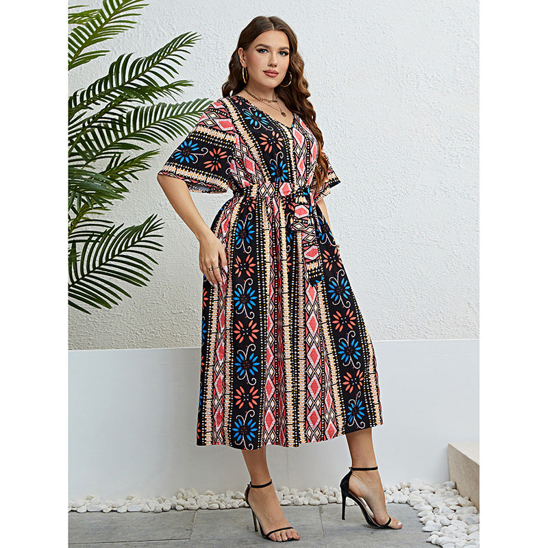 Wholesale Women'S Plus Size Clothing V-Neck Printed Short-Sleeve Bohemian Dress