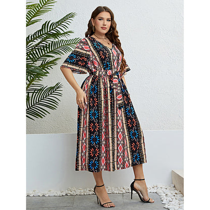 Wholesale Women'S Plus Size Clothing V-Neck Printed Short-Sleeve Bohemian Dress