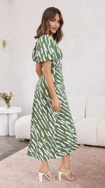 Printed Puff Short Sleeve Hollow V-Neck A-Line Midi Dress Wholesale Dresses