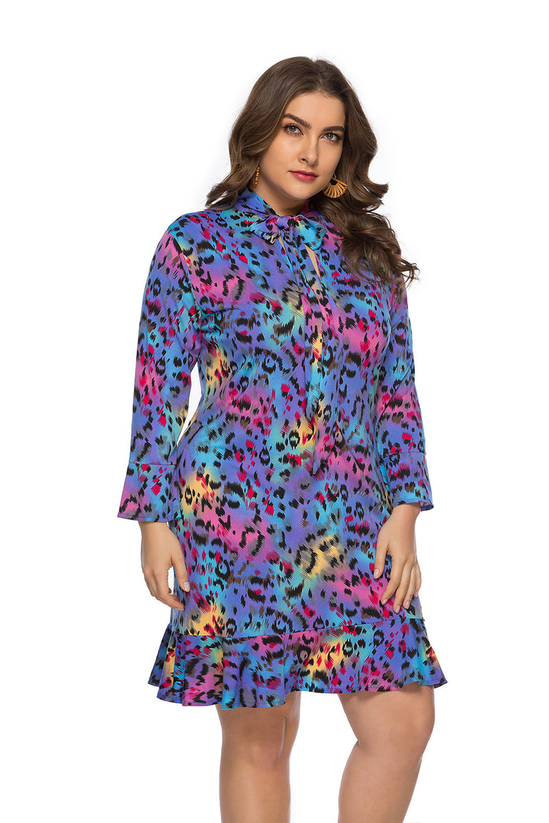 Fashion Leopard Mini Dress Long Sleeves Lace-Up Wholesale Plus Size Clothing