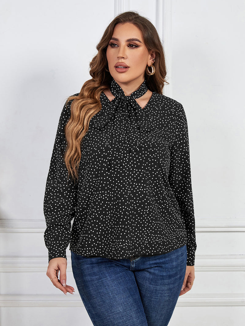 Polka Dot Lace-Up Collar Long Sleeve Blouse Curvy Tops Wholesale Plus Size Clothing N5323021500041
