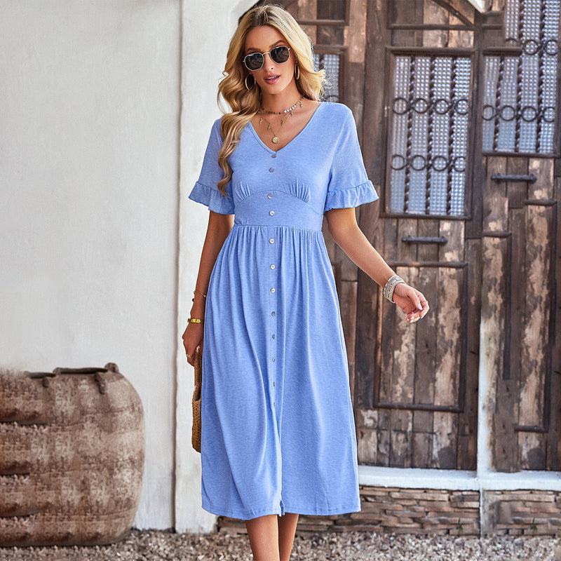 Solid Color V-Neck Summer Short Sleeve Mid-Length Dress Wholesale Dresses