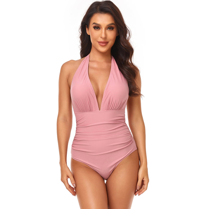 Triangle Solid Gathered Halter Neck One-Piece Swimsuit Wholesale Women'S Clothing