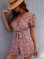Floral Chiffon Tie Elegant V-Neck Puff Sleeves Playsuits Wholesale Women'S Clothing