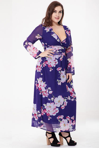 Chiffon Floral Sexy Deep V Midi Dress Long Sleeve High Waist Wholesale Plus Size Clothing