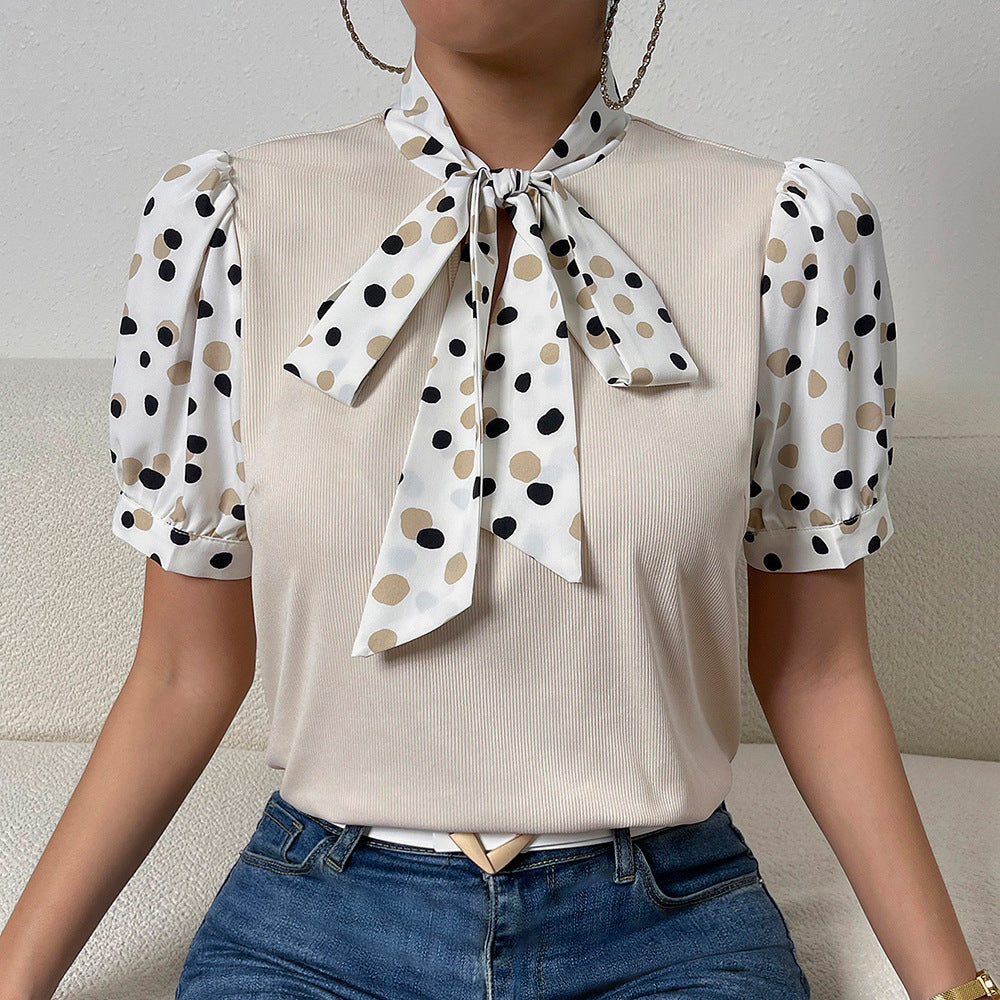 Puff Sleeve Polka Dot Print Bowknot Tie-Up Short Sleeve Shirts Wholesale Womens Tops