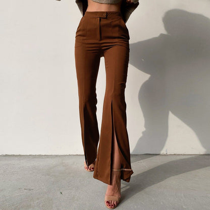 High Waist Slim Hip Solid Color Slit Flare Trousers Wholesale Pants