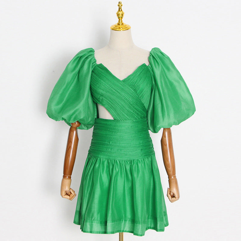 Bubble Sleeve Pleated Off Shoulder Short Hollow A-Line Dress Wholesale Dresses