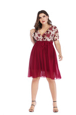 Floral Print Lace Chiffon V-Neck Curvy Dresses Wholesale Plus Size Clothing