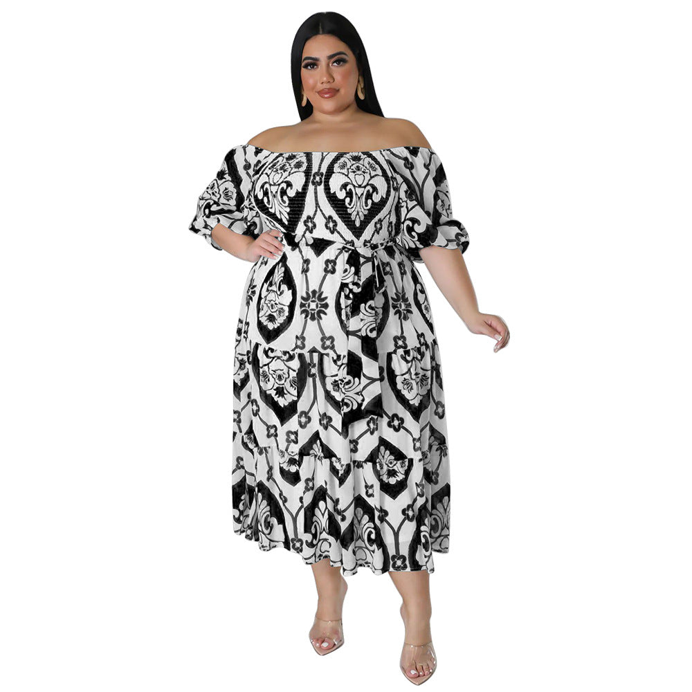 Printed Short Sleeve Lace-Up Smocked Curvy Dresses Wholesale Plus Size Clothing