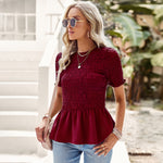 Temperament Short-Sleeved Solid Color Ruffle Hem Round Neck Shirt Wholesale Womens Tops
