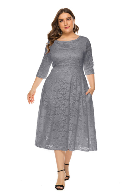 Sexy Hollow Lace Mid-Sleeve Midi Dress With Pockets A-Line Solid Color Dresses Wholesale Plus Size Clothing