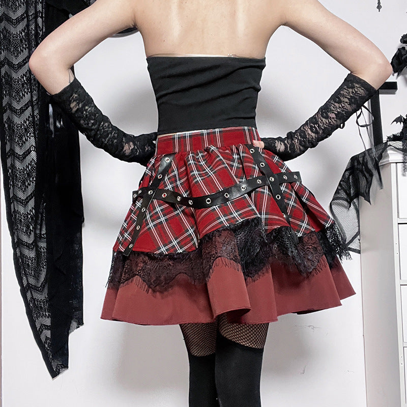 Dark High Waist Plaid Contrasting Color Eyelet Lace Skirt Wholesale Women'S Bottoms
