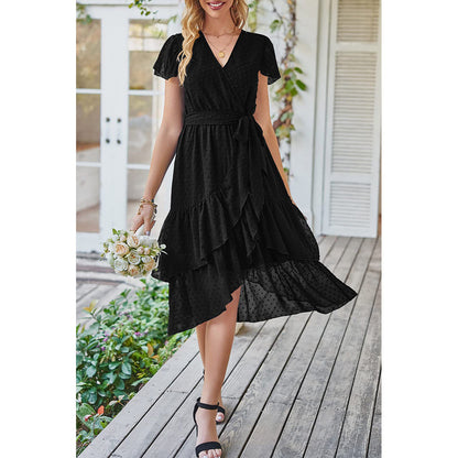 V-Neck Short Sleeves Lace-Up Jacquard Ruffled Wrap Dress Wholesale Dresses