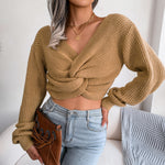 Fashion V-Neck Knotted Long Sleeve Crop Wholesale Sweaters