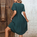 Commuting Short-Sleeved Solid Color Pleated V-Neck Dress Wholesale Dresses