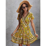 Boho Printed V-Neck Flare Short Sleeve Swing Bohemian Dress Wholesale Dresses