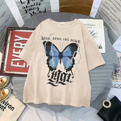 Fashion Butterfly Print Tops Loose Short Sleeve Crew Neck Womens T Shirts Wholesale