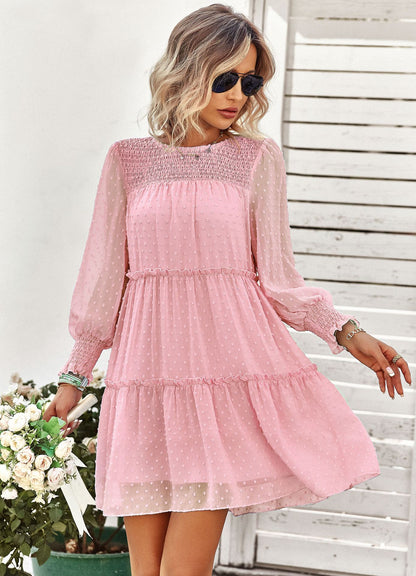 Jacquard Sheer Panel Long Sleeve Pleated Round Neck Dress Wholesale Dresses