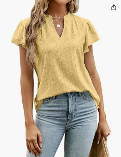 Casual Solid Color V-Neck Short Sleeve Jacquard T-Shirt Wholesale Womens Tops