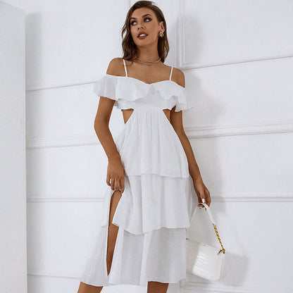 Backless Hollow Slit Layered Cake White Cami Dress Wholesale Dresses