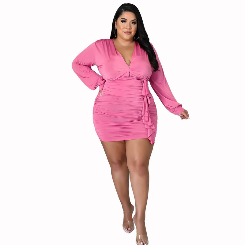 Solid Color Pleated Sexy Curvy Bodycon Satin Dresses Wholesale Plus Size Clothing