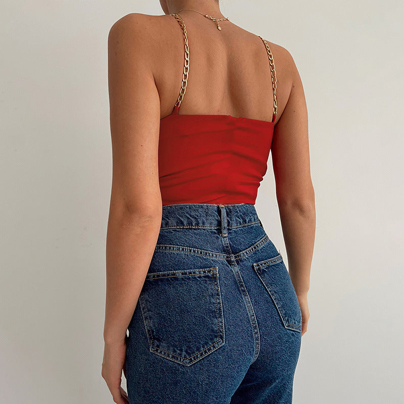 Sexy V-Neck Chain Strap Tube Top Solid Color Backless Wholesale Crop Tops