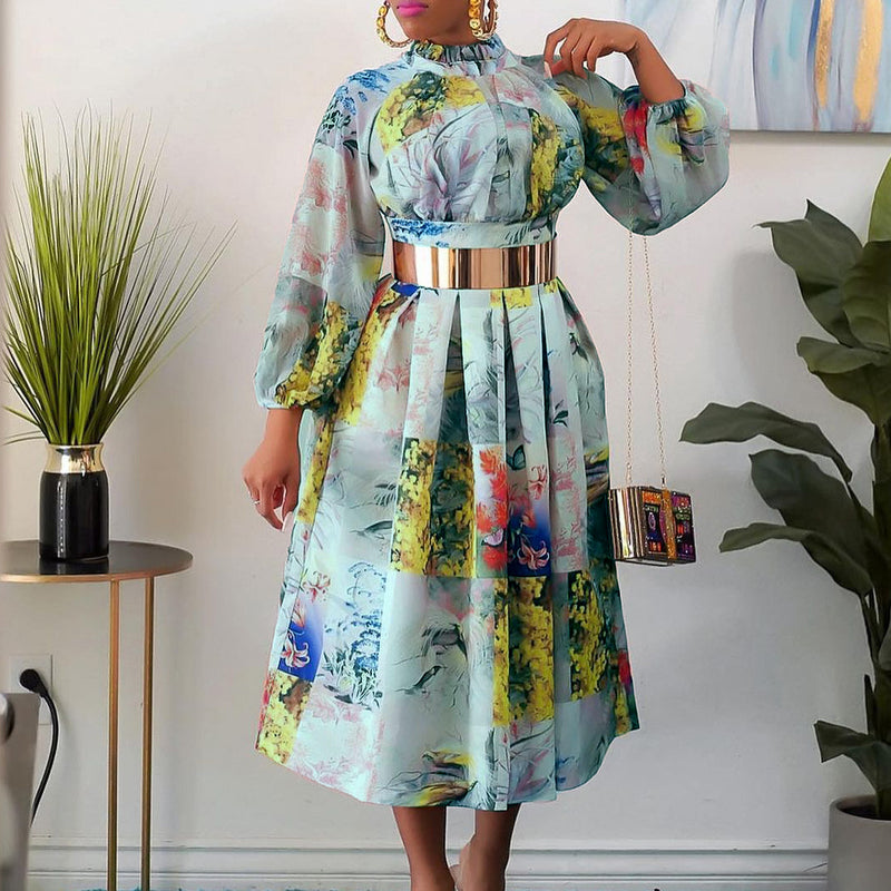 High Waist Floral Print Long Sleeve Stand-Up Collar Dress With Belt Wholesale Dresses