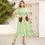 Fashion Striped Heart Print Midi Dress Ruffled Short Sleeve Dresses Wholesale Plus Size Clothing
