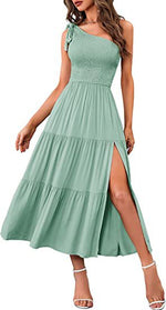 One Shoulder Fashion Pleating Slit Smocked Dress Wholesale Dresses