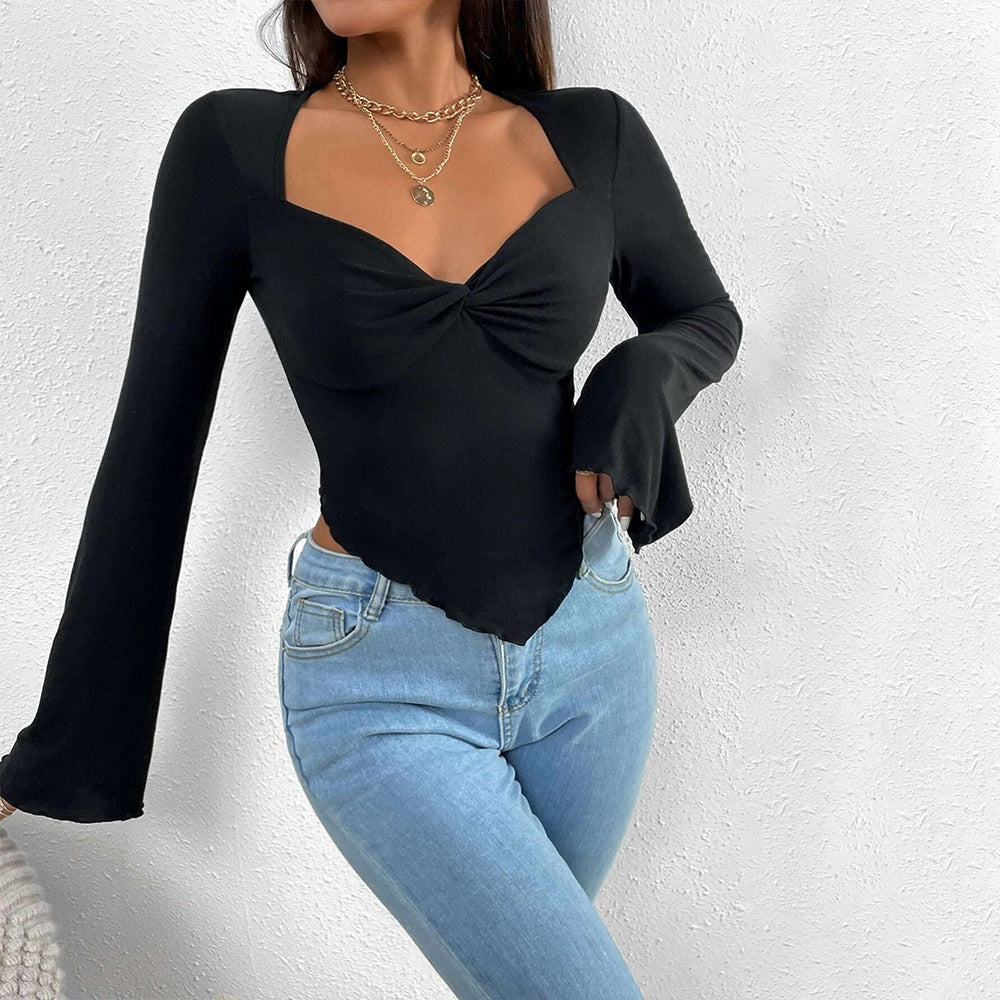 Sexy V-Neck Tops Flared Sleeve Irregular Wholesale Womens Long Sleeve T Shirts