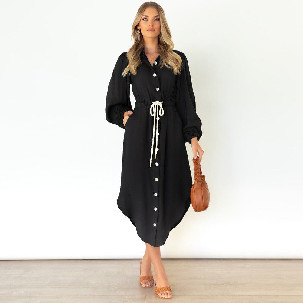 Long Sleeve Midi Lace-Up Linen Shirtdress Wholesale Shirt Dresses