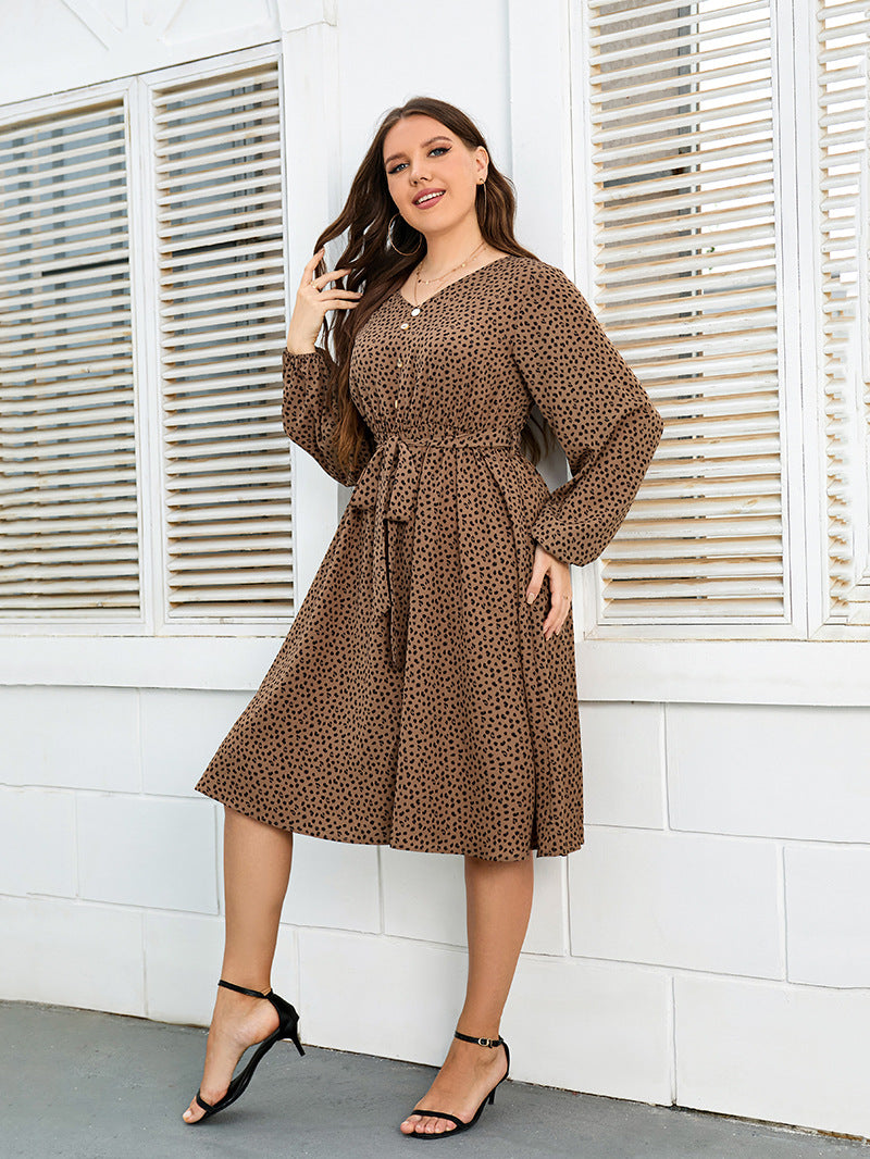 Long Sleeve Print Lace-Up Swing Curvy Dresses Wholesale Plus Size Clothing