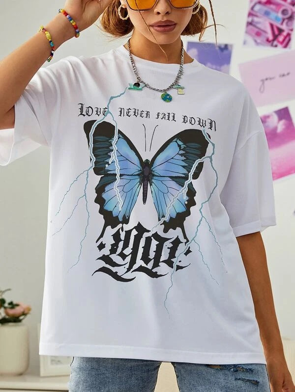 Fashion Butterfly Print Tops Loose Short Sleeve Crew Neck Womens T Shirts Wholesale